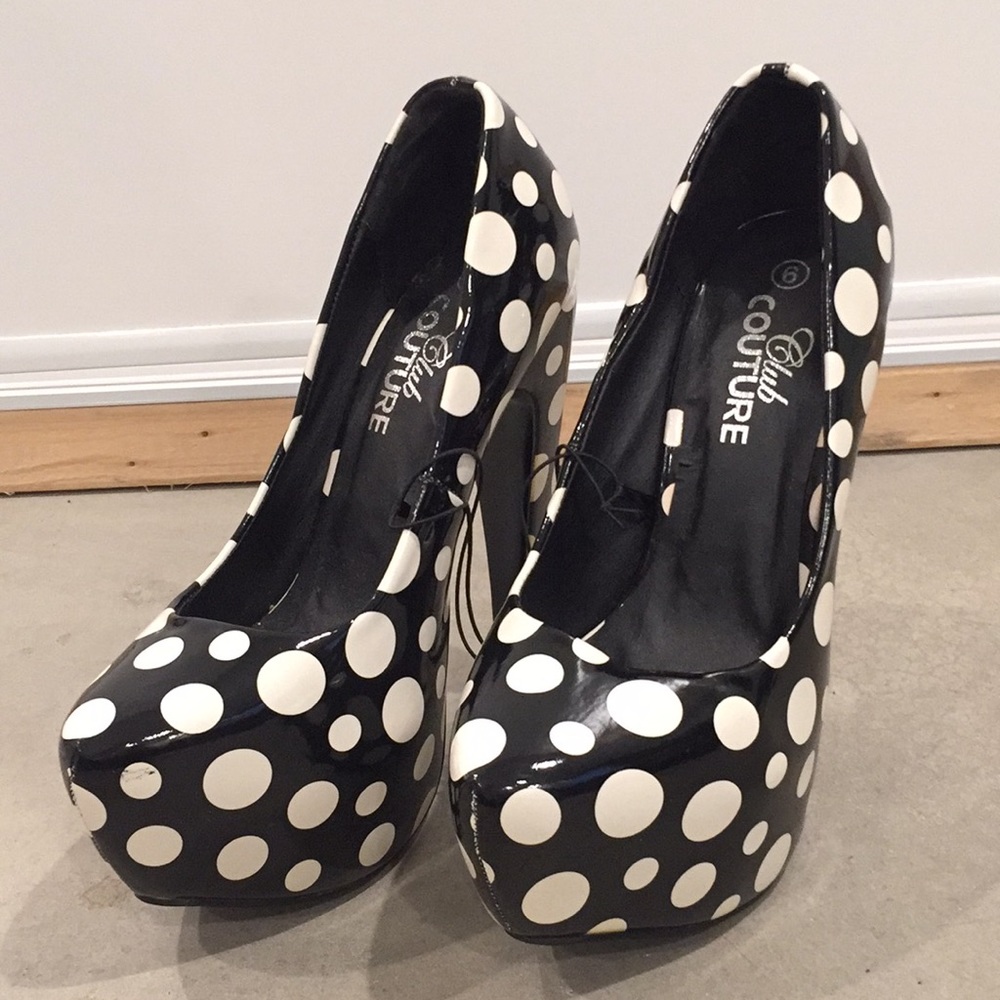 Black and white polka dot heals.